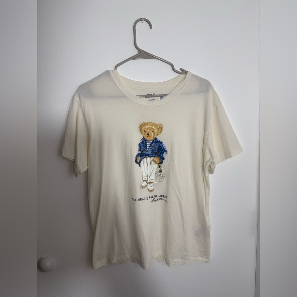 Ralph Lauren Cream Tee with Bear and Blue Accents